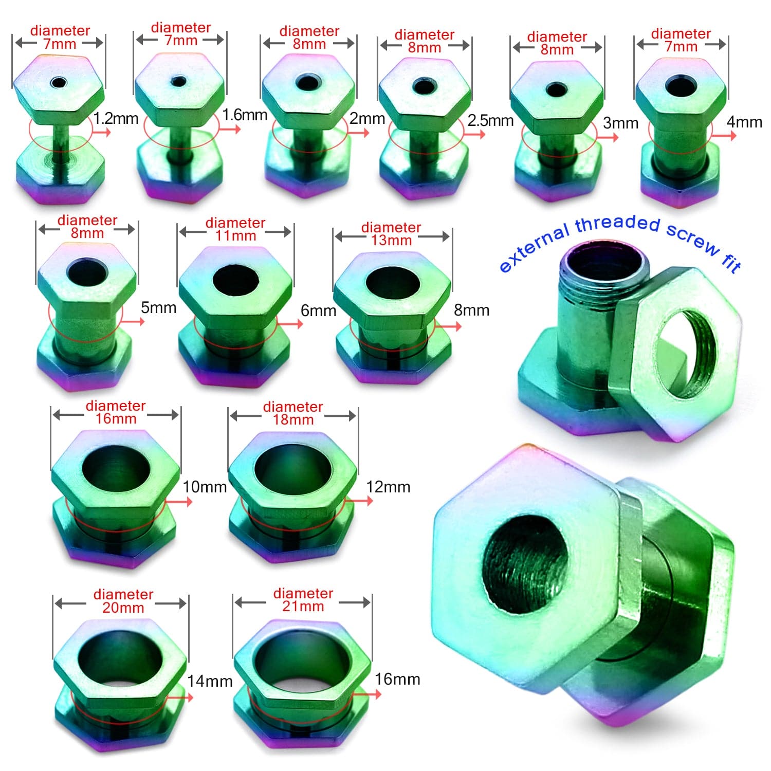 316L Surgical Steel Rainbow Hexagon External Threaded Tunnel