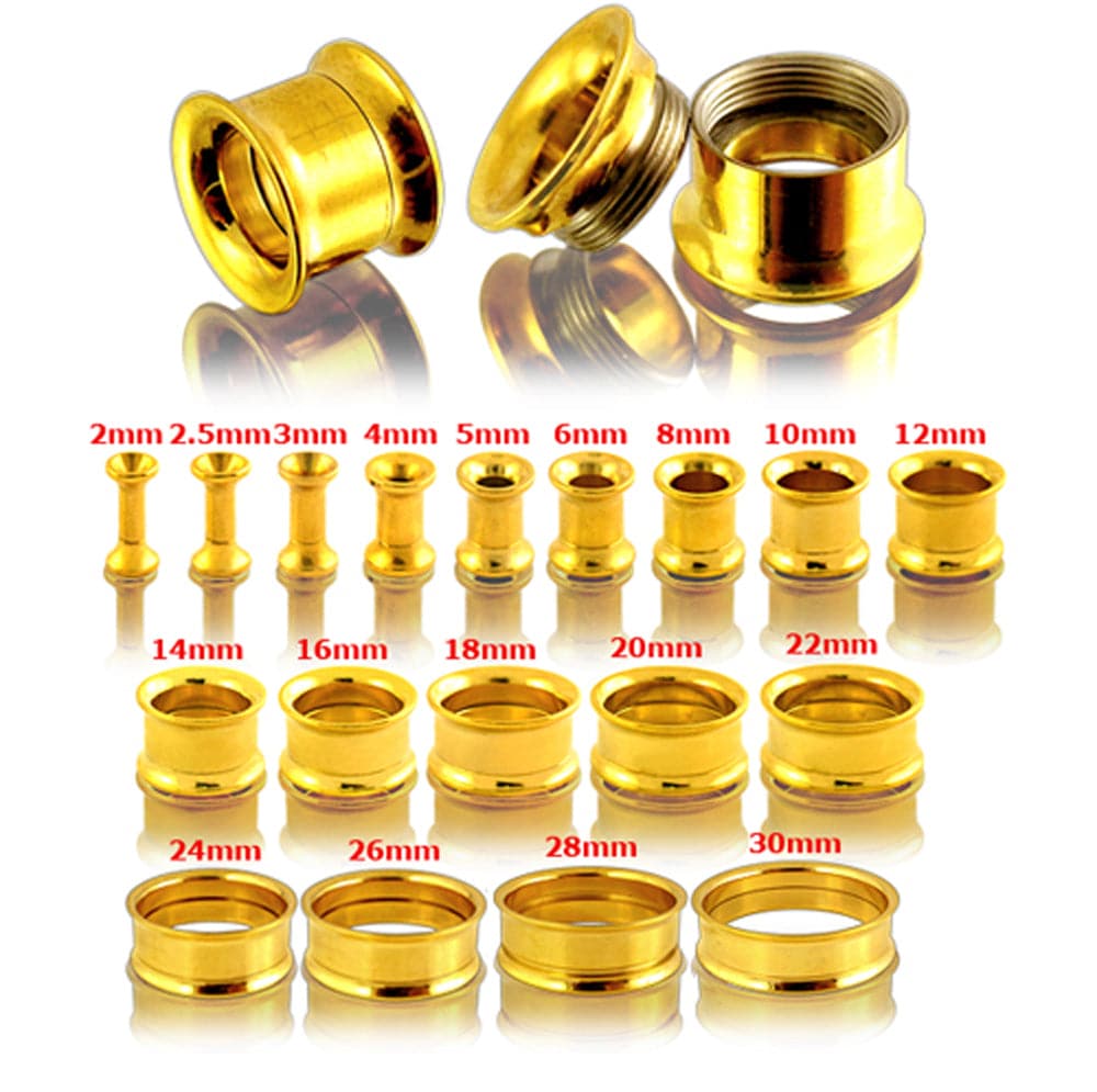 316L Surgical Steel Double Flared Gold Internally Threaded Tunnel