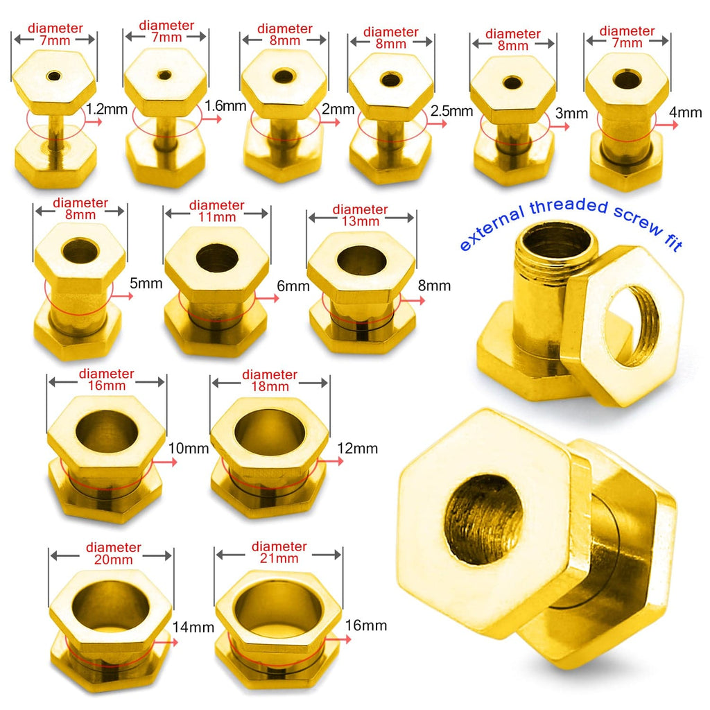 316L Surgical Steel Gold Hexagon External Threaded Tunnel