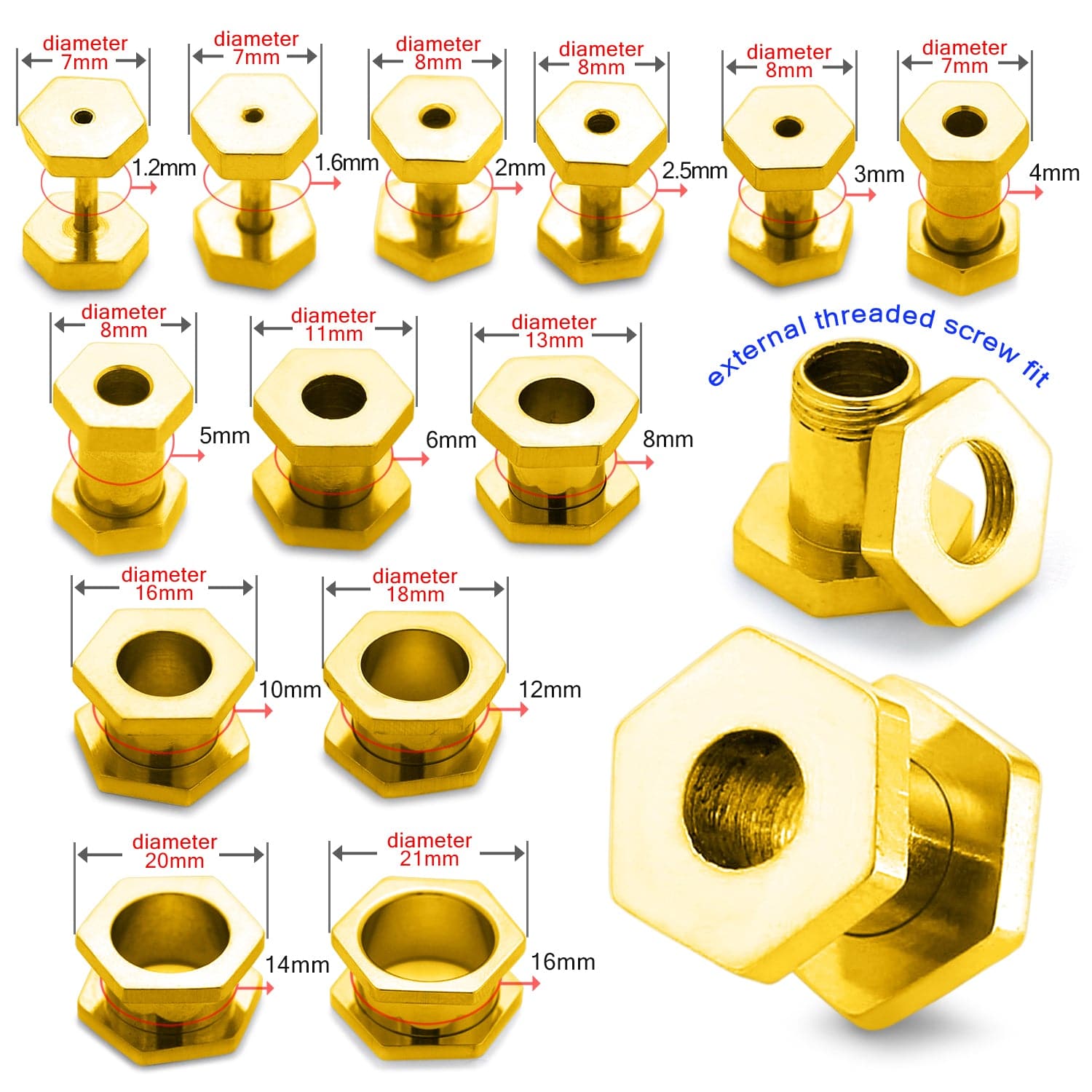 316L Surgical Steel Gold Hexagon External Threaded Tunnel