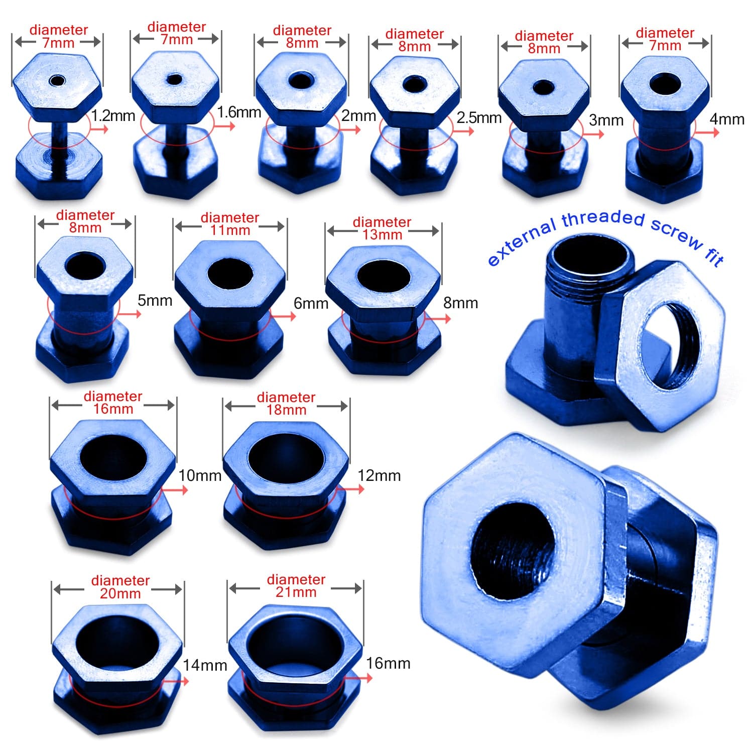 316L Surgical Steel Dark Blue Hexagon External Threaded Tunnel