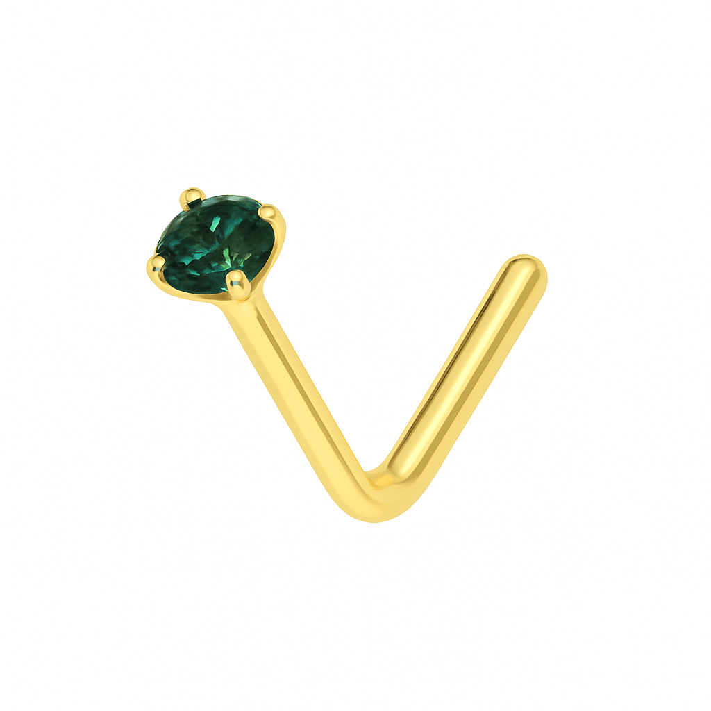 9K Gold Emerald Jewelled L-Bend Nose Stud