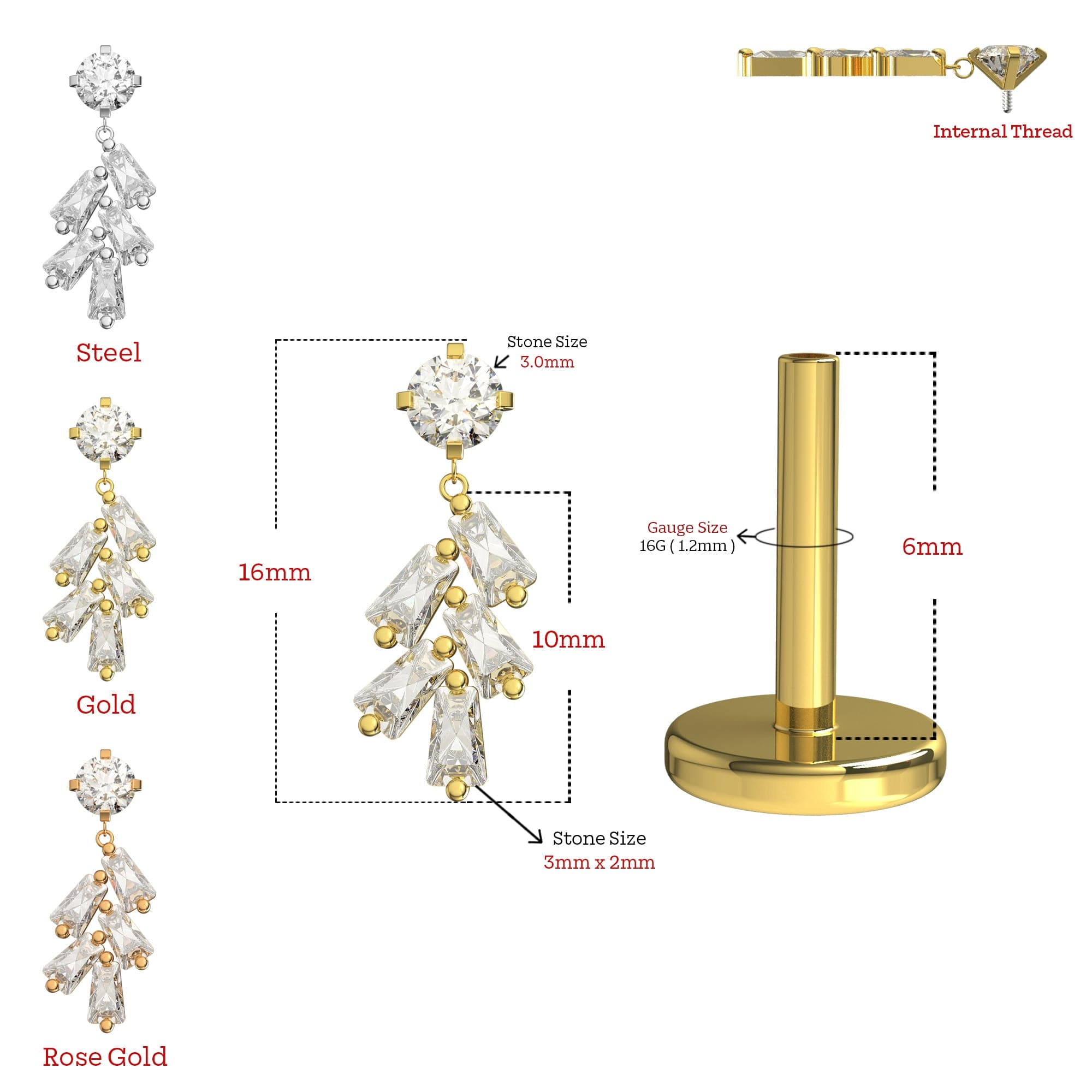316L Surgical Steel Jewelled Leaf Internally Threaded Screw Fit Dangling Stud