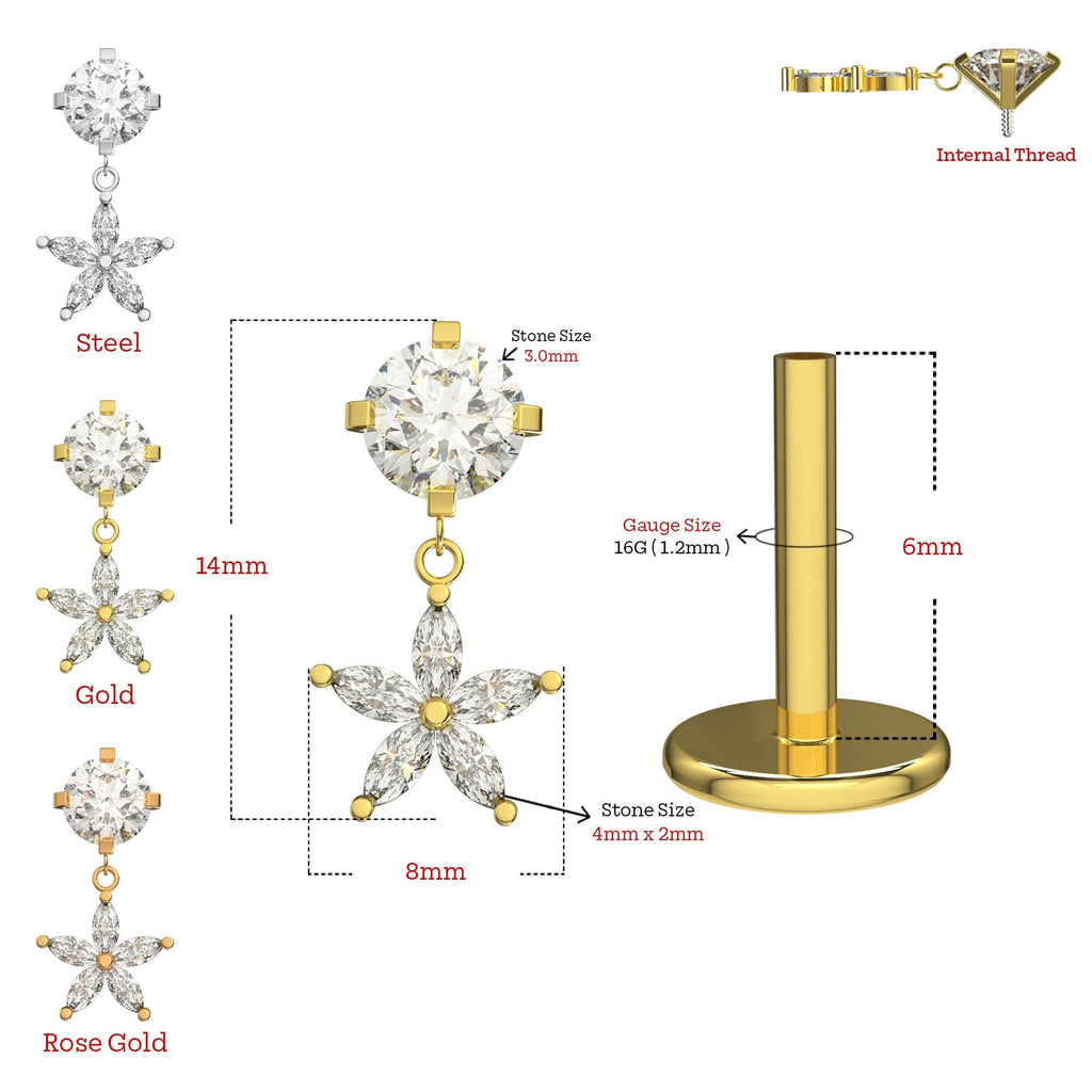 316L Surgical Steel Jewelled Flower Internally Threaded Screw Fit Dangling Stud