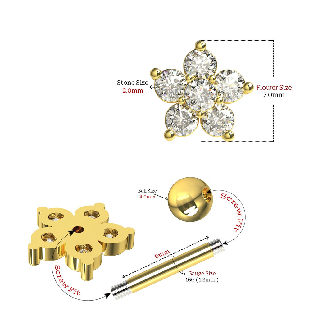 316L Surgical Steel Jewelled Flower Screw Fit Ball Back Stud