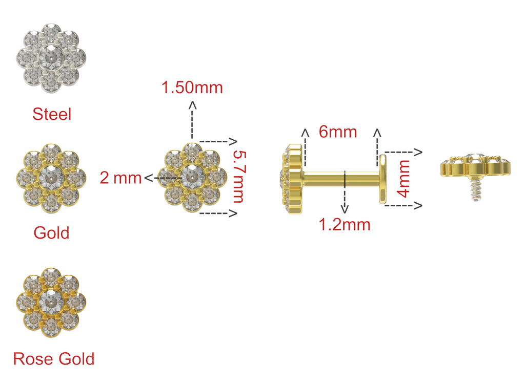 316L Surgical Steel Floral Multi CZ JewelIed Internally Threaded Flatback Stud