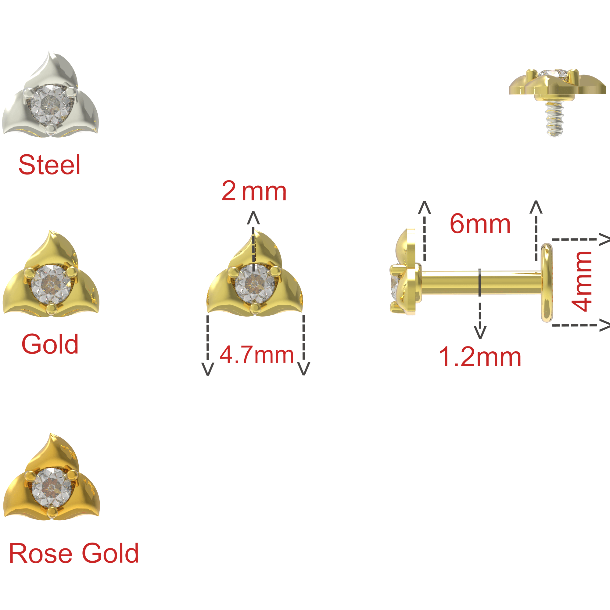 316L Surgical Steel CZ Jewelled Trillium Flower internally Threaded Flatback Stud