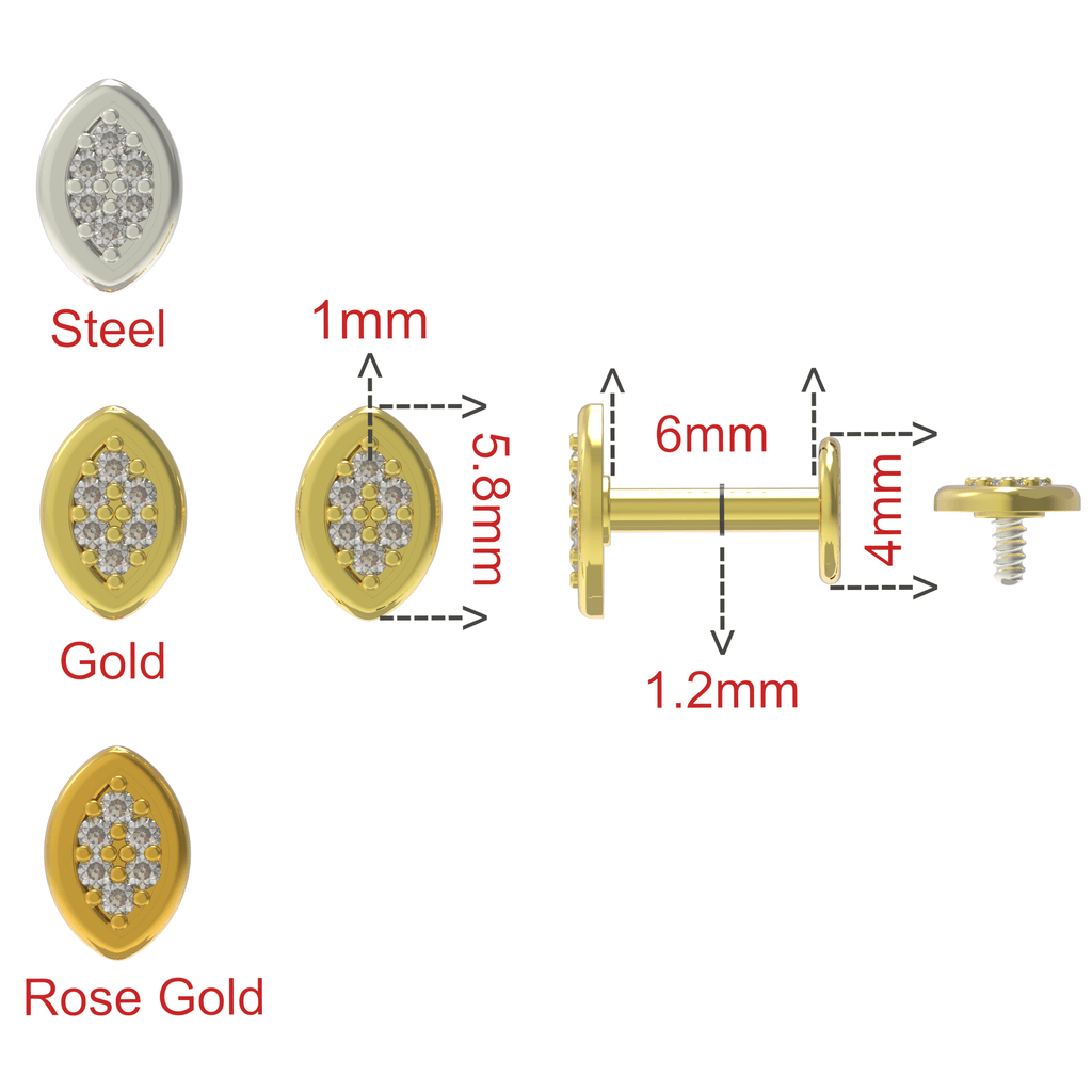 316L Surgical Steel CZ Jewelled Marquise Internally Threaded Flatback Stud