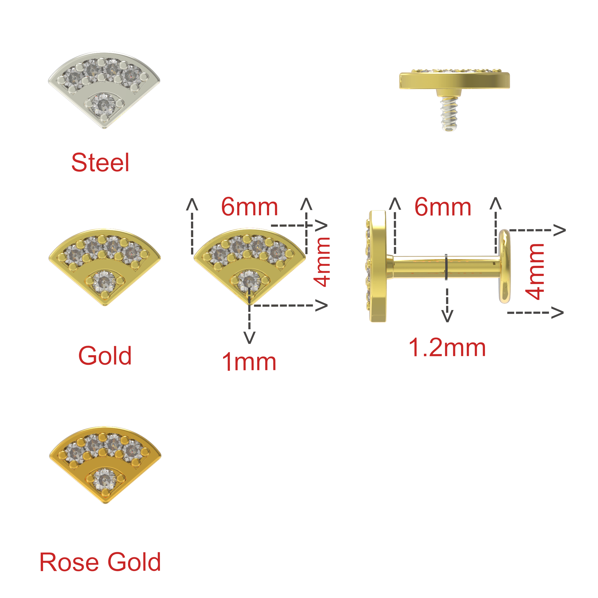 316L Surgical Steel Multi CZ Jewelled V-Shape Internally Threaded Flatback Stud