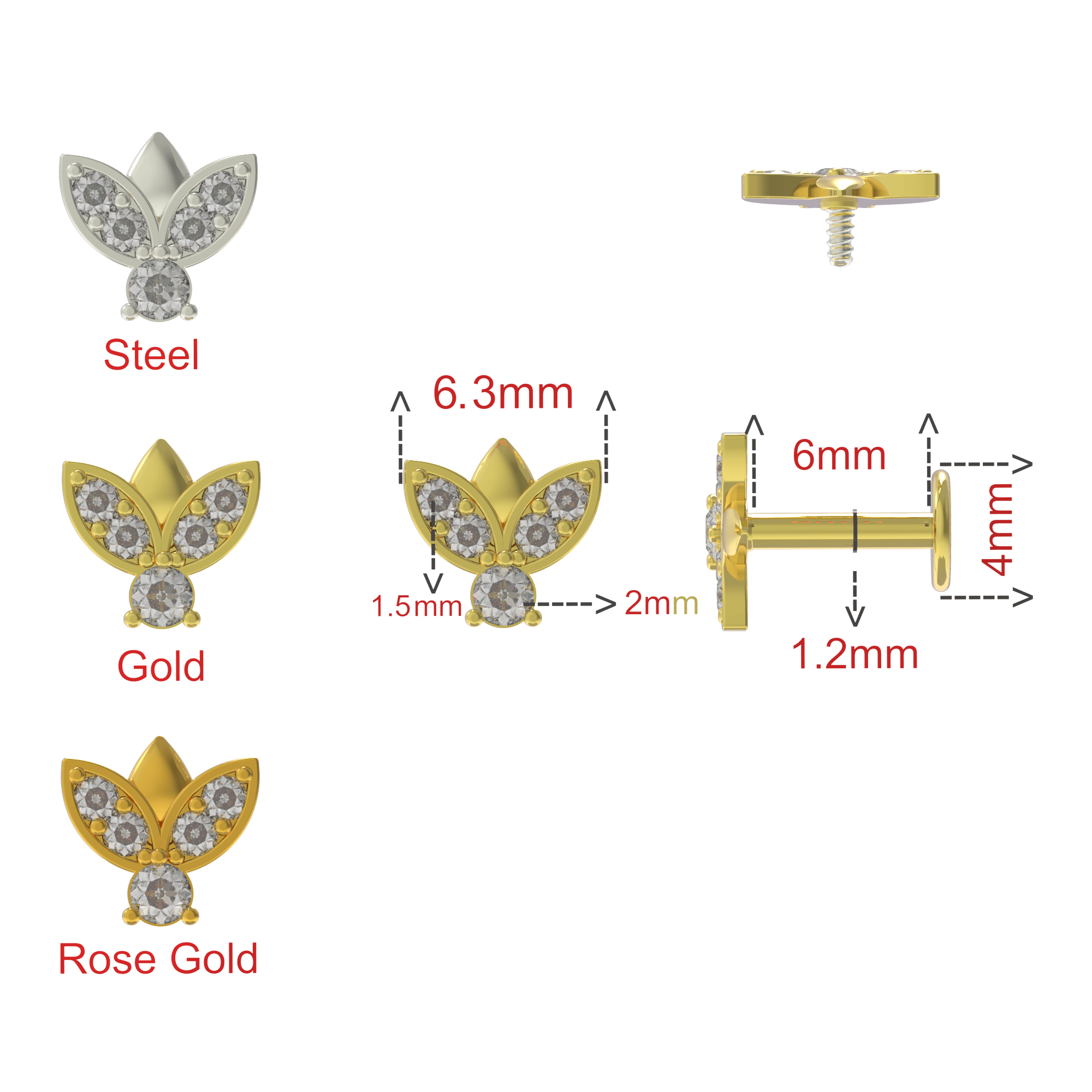 316L Surgical Steel Multi CZ Jewelled Firefly Internally Threaded Flatback Stud