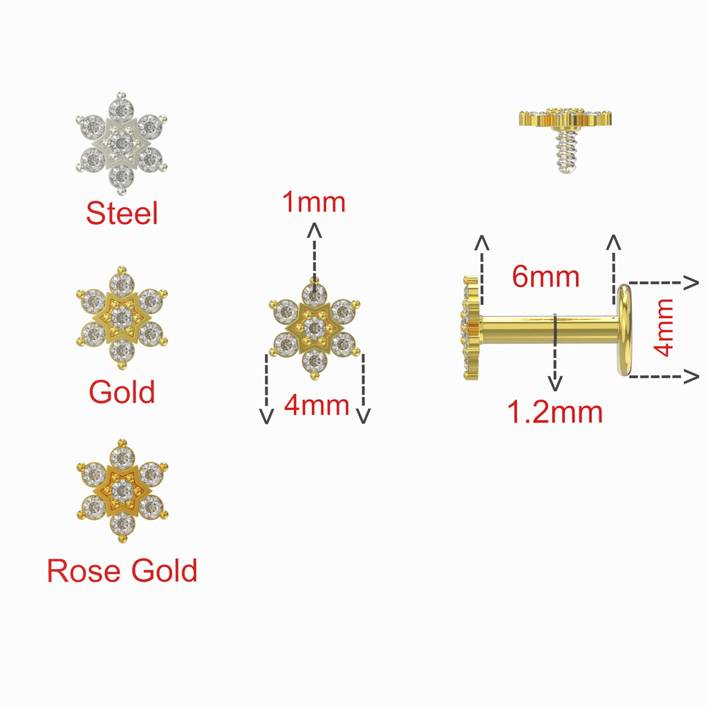 316L Surgical Steel Multi CZ Jewelled Daffodils Internally Threaded Flatback Stud