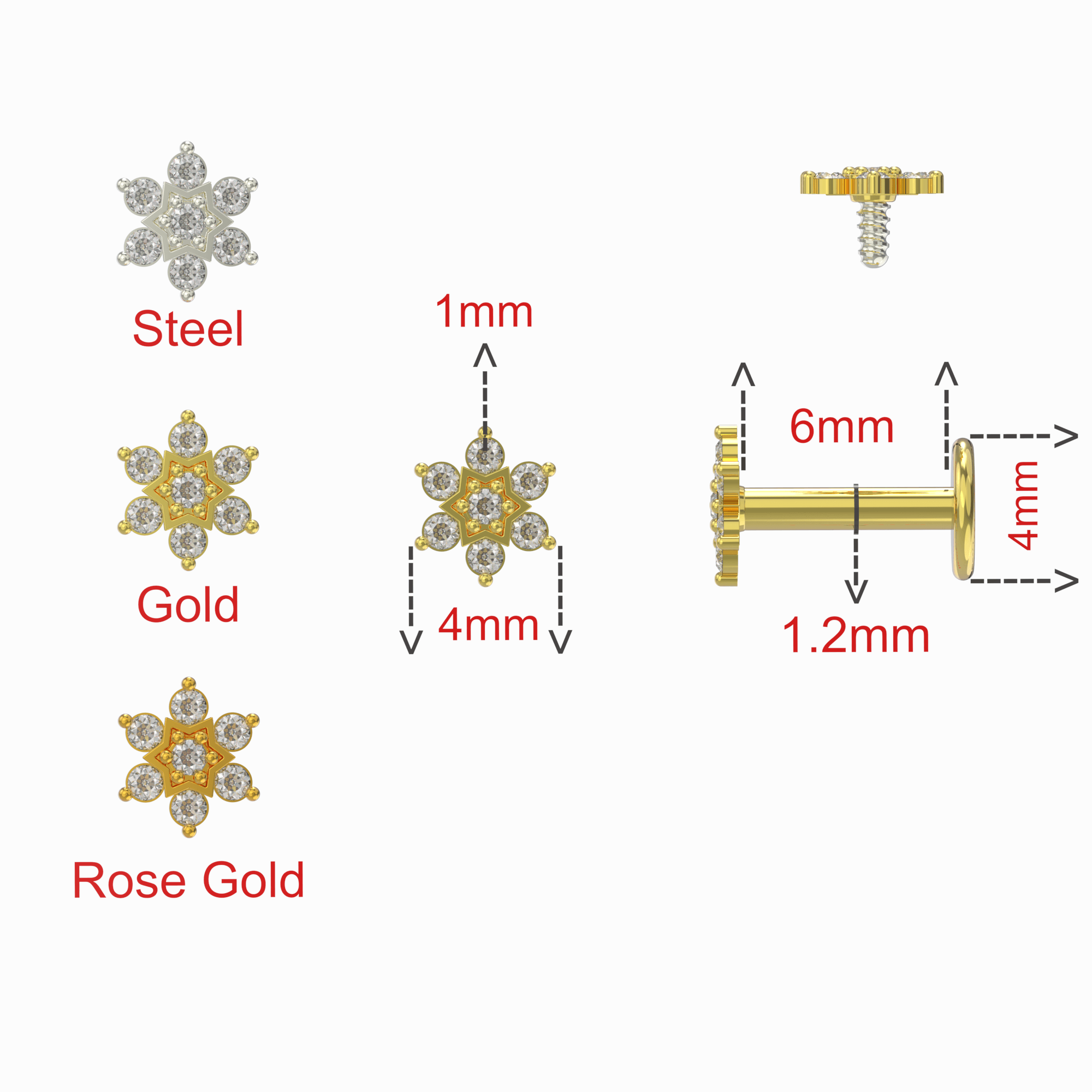 316L Surgical Steel Multi CZ Jewelled Daffodils Internally Threaded Flatback Stud