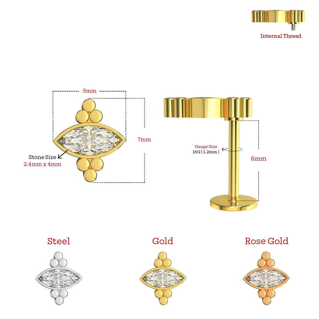 316L Surgical Steel Flat Marquise CZ Jewelled Flatback Stud