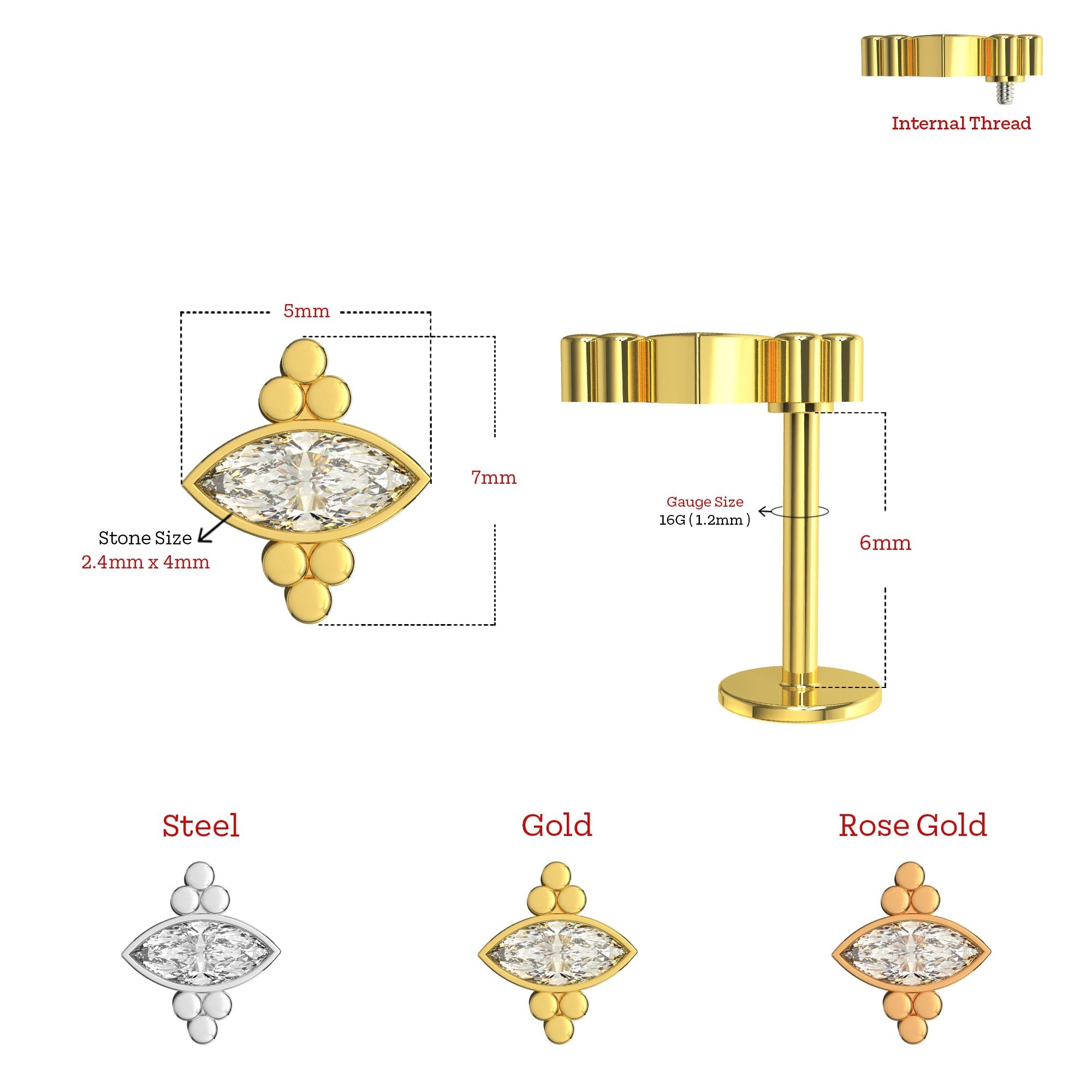 316L Surgical Steel Flat Marquise CZ Jewelled Flatback Stud