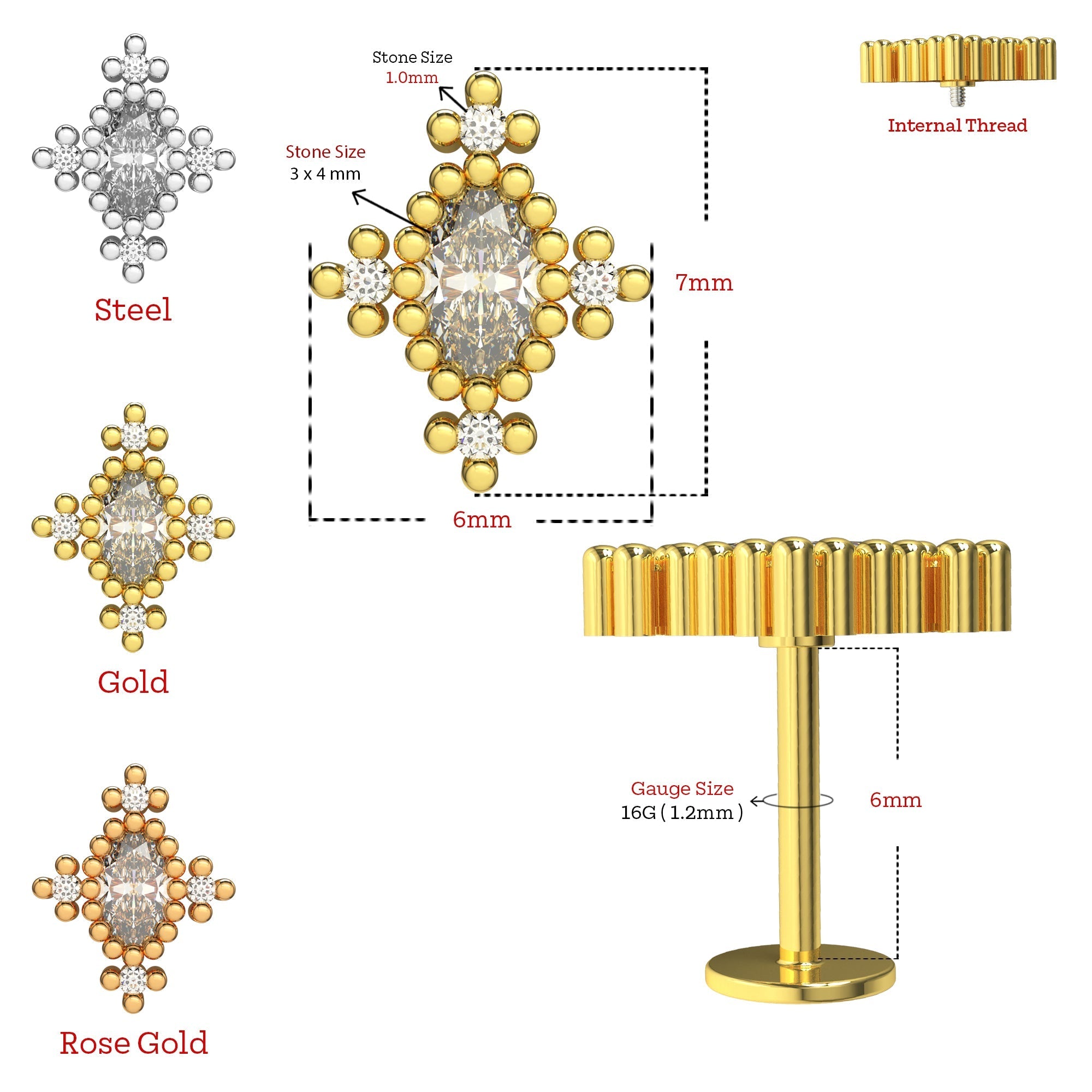 316L Surgical Steel CZ Jewelled Cluster Flatback Stud