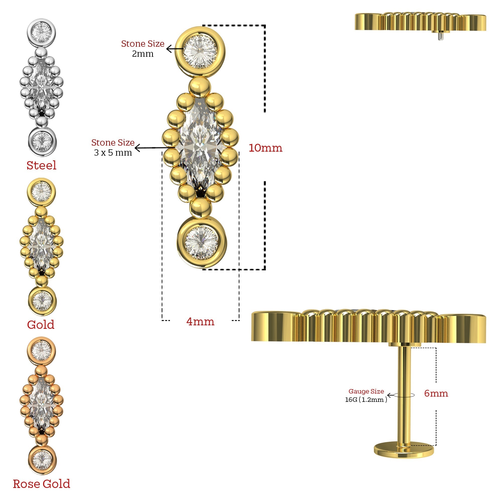 316L Surgical Steel Scalloped Marquise CZ Jewelled Flatback Stud