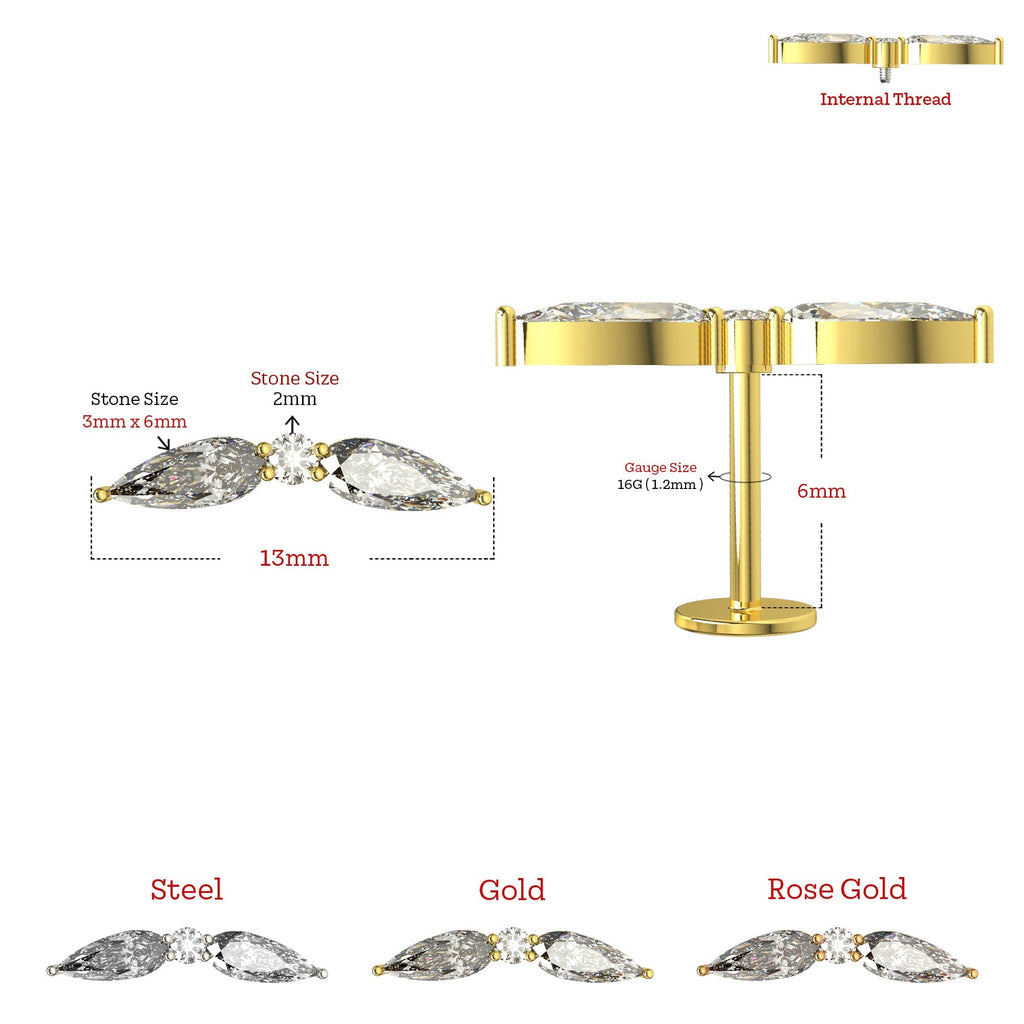 316L Surgical Steel Double Marquise CZ Jewelled Flatback Stud