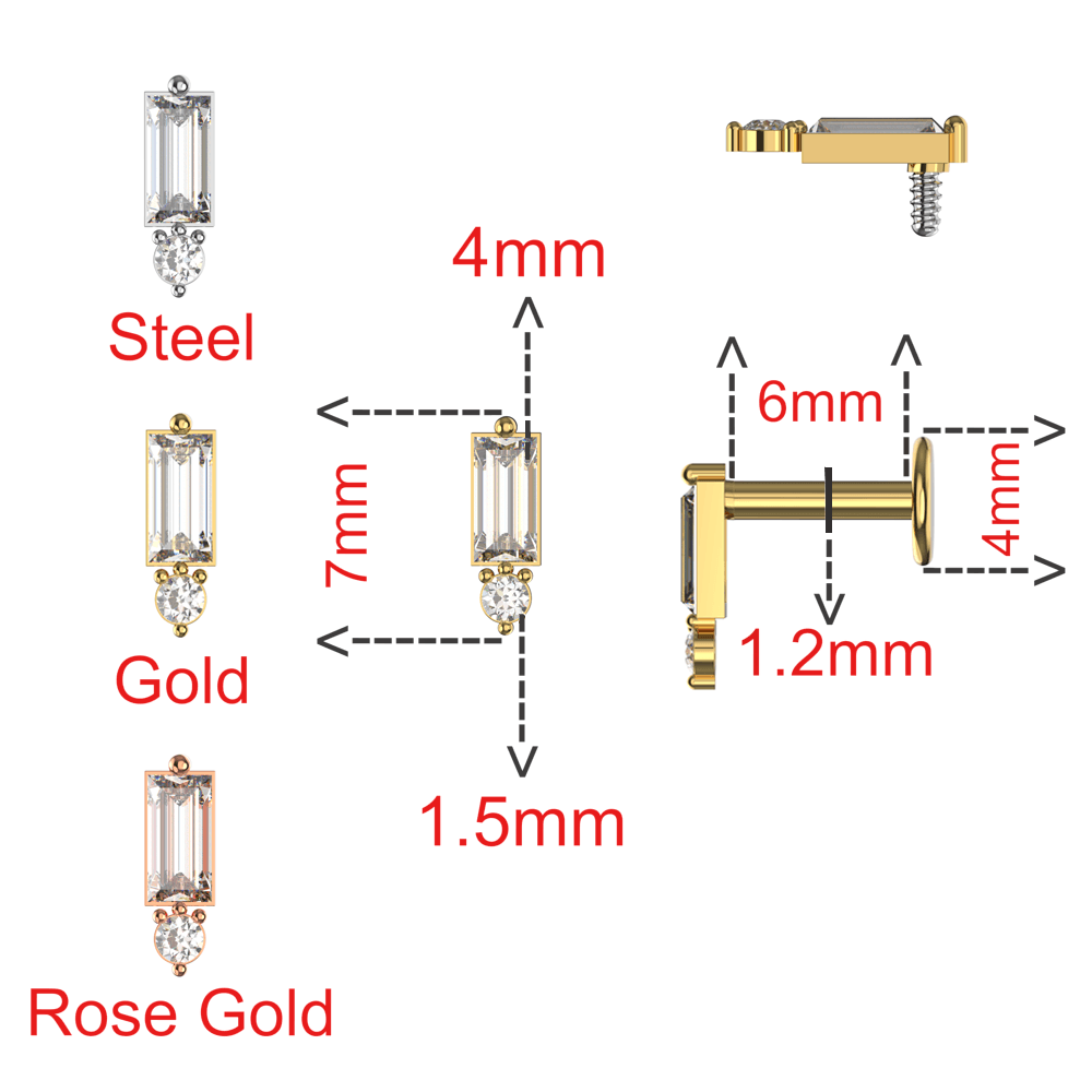 316L Surgical Steel CZ Rectangle Internally Threaded Flatback Stud