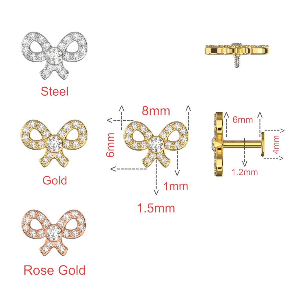 316L Surgical Steel CZ Jewelled Bow Internally Threaded Flatback Stud