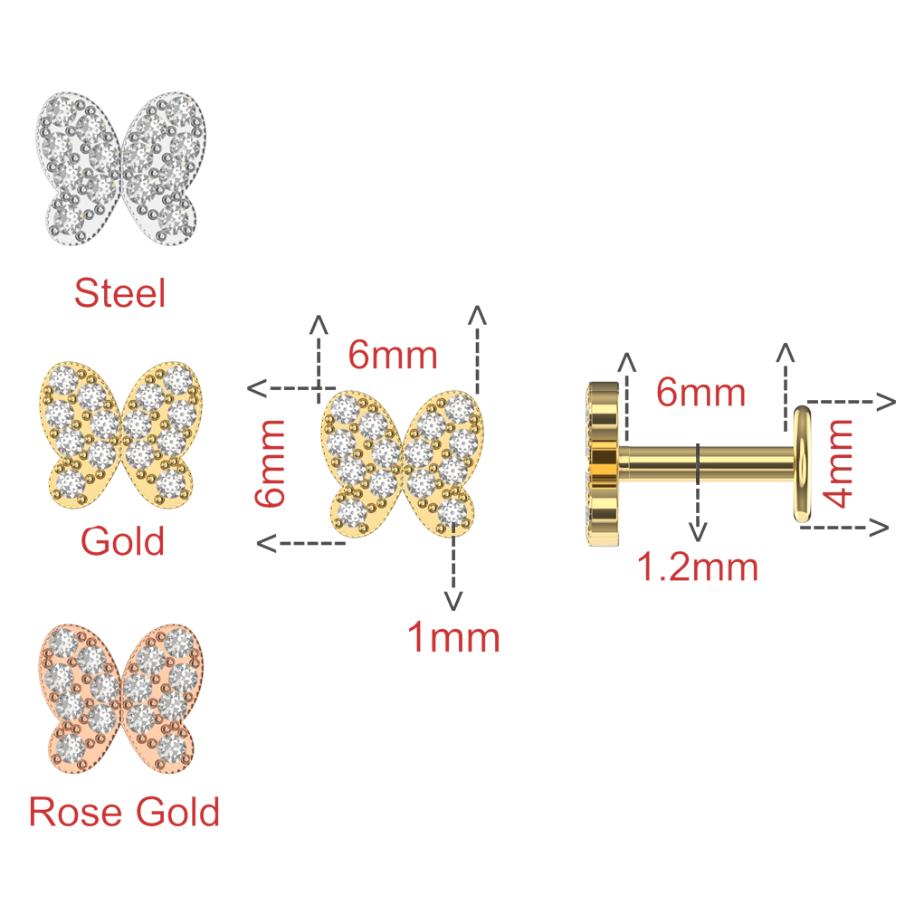 316L Surgical Steel CZ Jewelled Butterfly Internally Threaded Flatback Stud