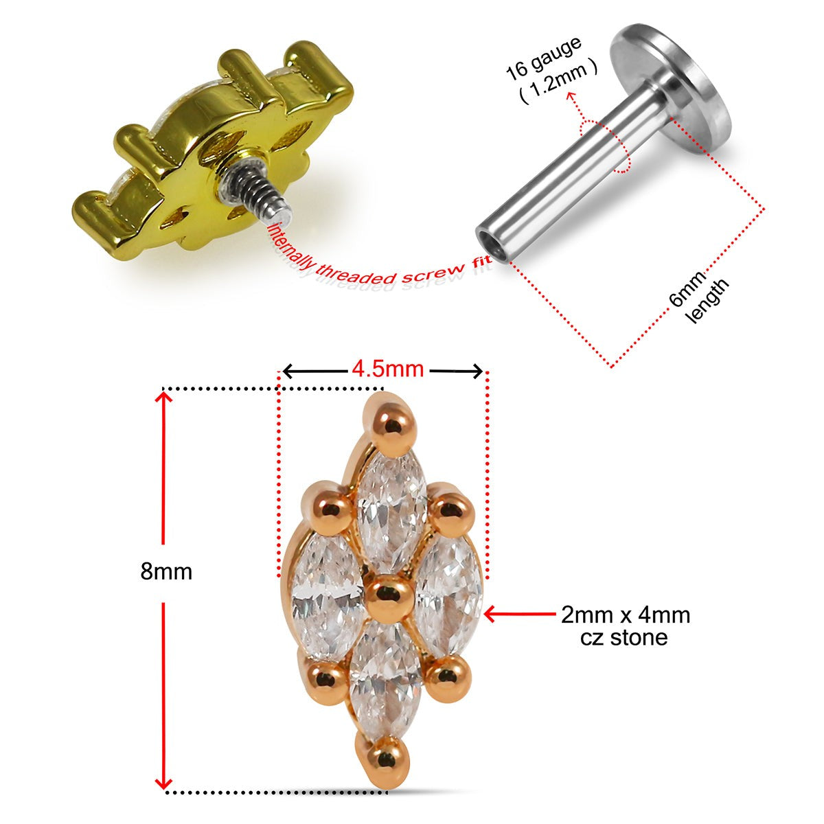 316L Surgical Steel CZ Jewelled Marquise Cluster Flatback Stud