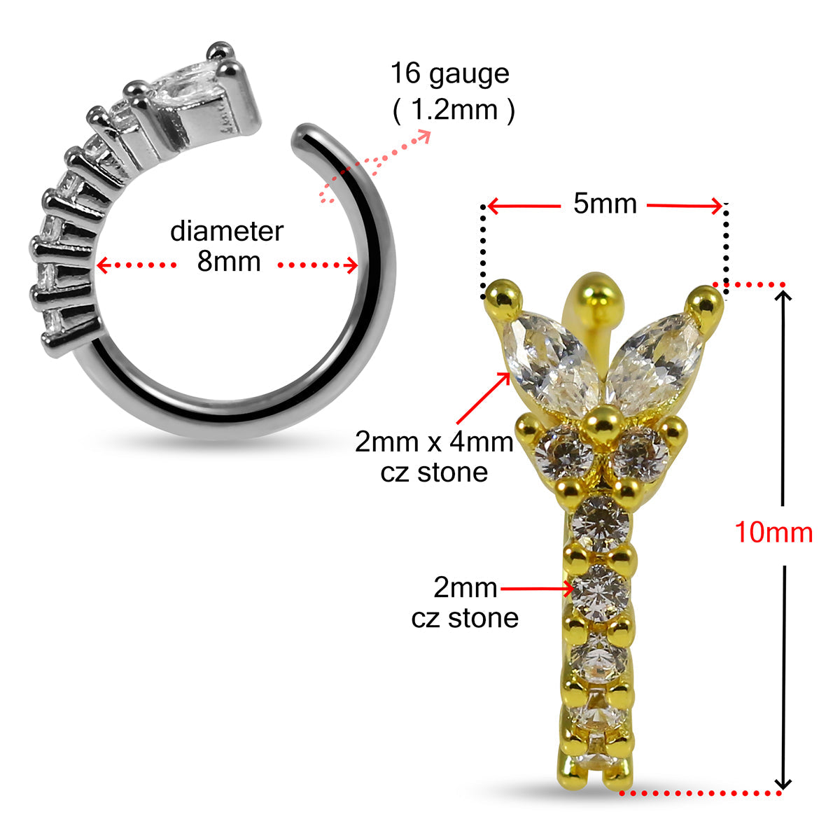 316L Surgical Steel CZ Jewelled Butterfly Open Hoop Ring