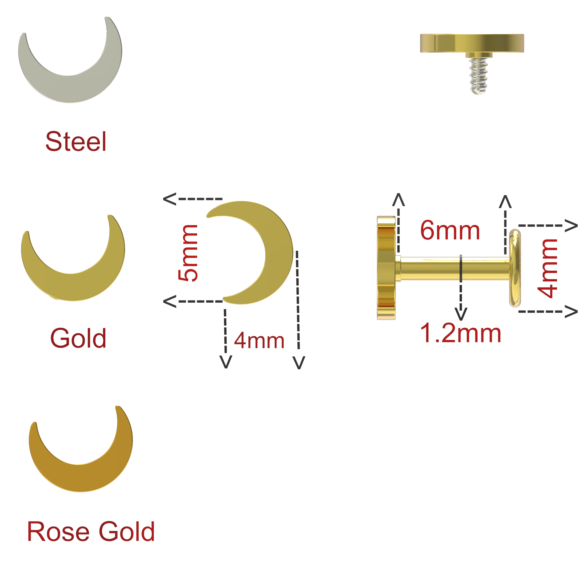 316L Surgical Steel Crescent Moon Internally Threaded Flatback Stud