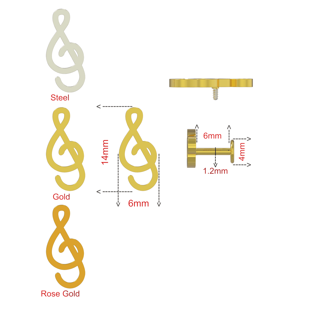 316L Surgical Steel Treble Clef Internally Threaded Flatback Stud