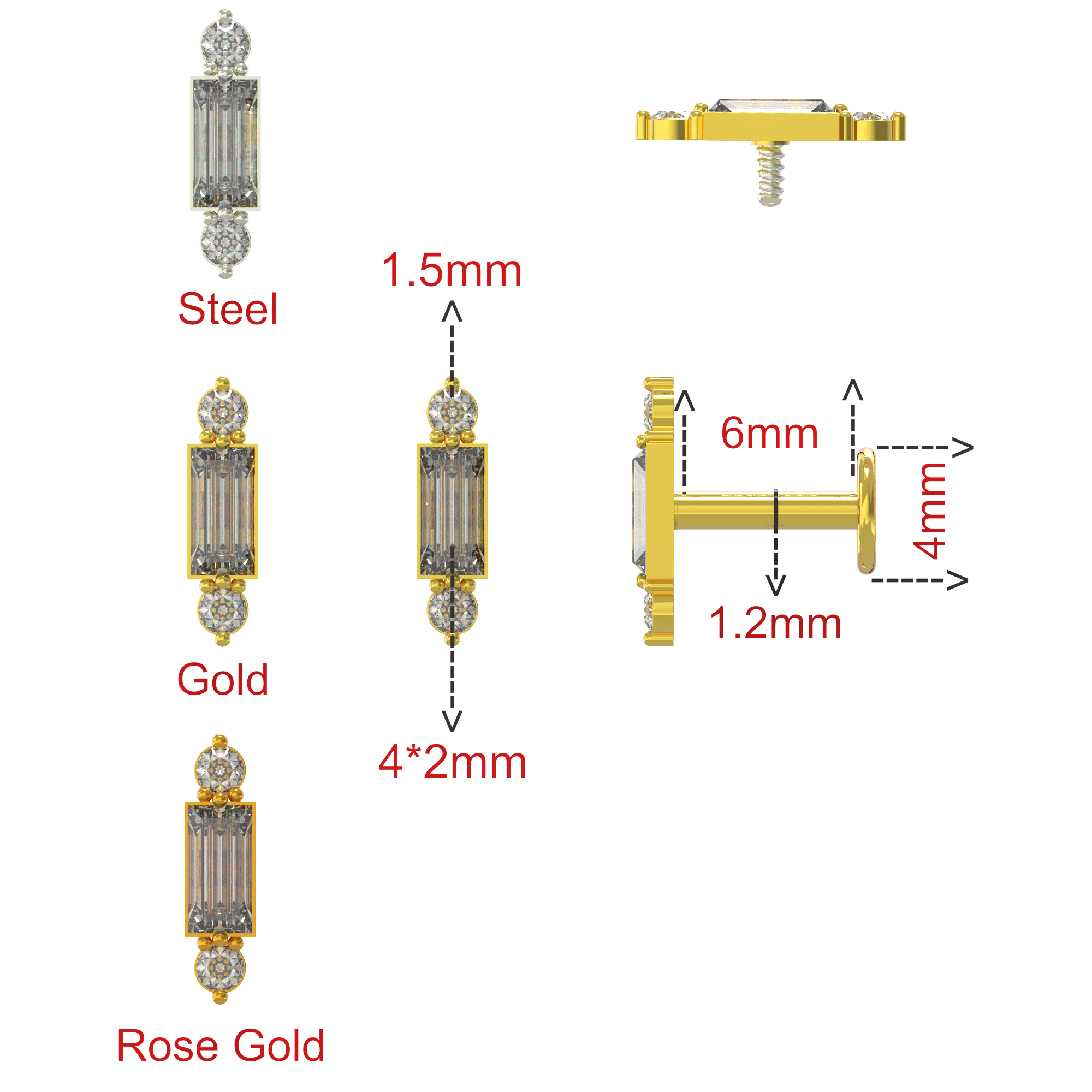 316L Surgical Steel Simple Baguette CZ Jewelled Internally Threaded Flatback Stud