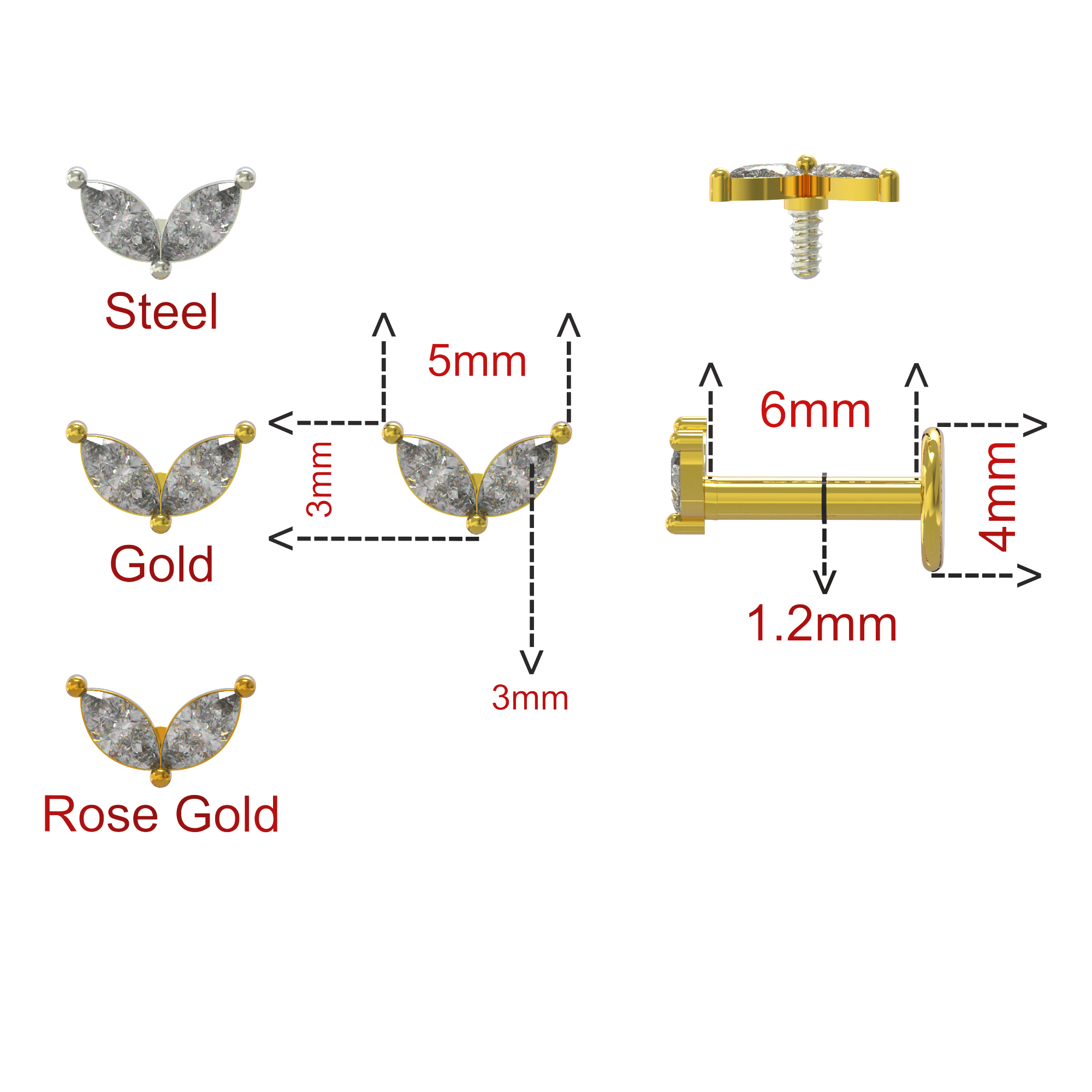 316L Surgical Steel Commelina Marquise CZ Jewelled Flatback Stud