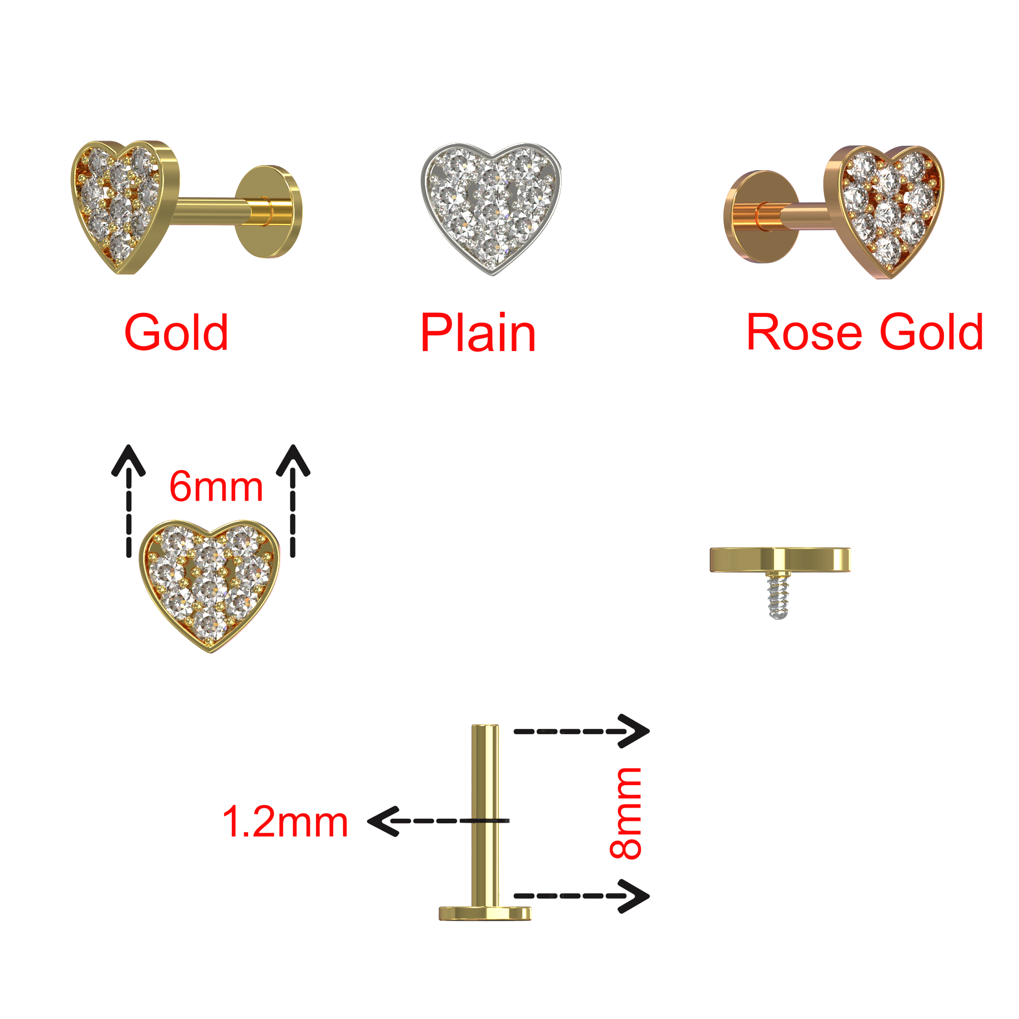 316L Surgical Steel CZ Jewelled Heart Shape Internally Threaded Top with Flatback Stud