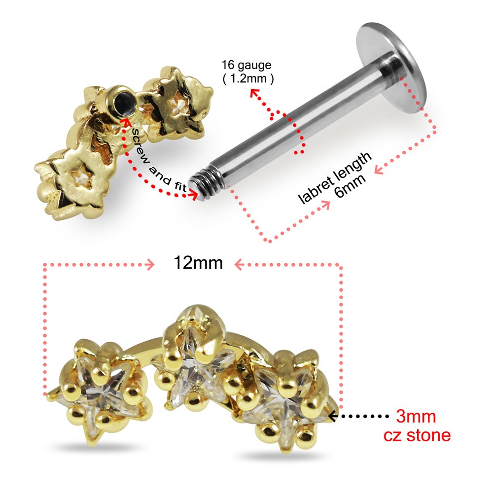 316L Surgical Steel Triple Star CZ Jewelled Flatback Stud