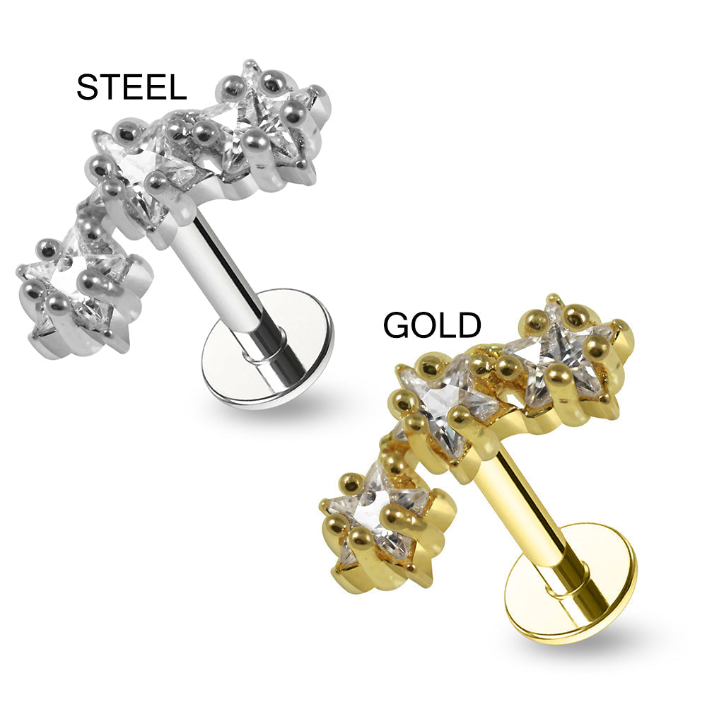 316L Surgical Steel Triple Star CZ Jewelled Flatback Stud