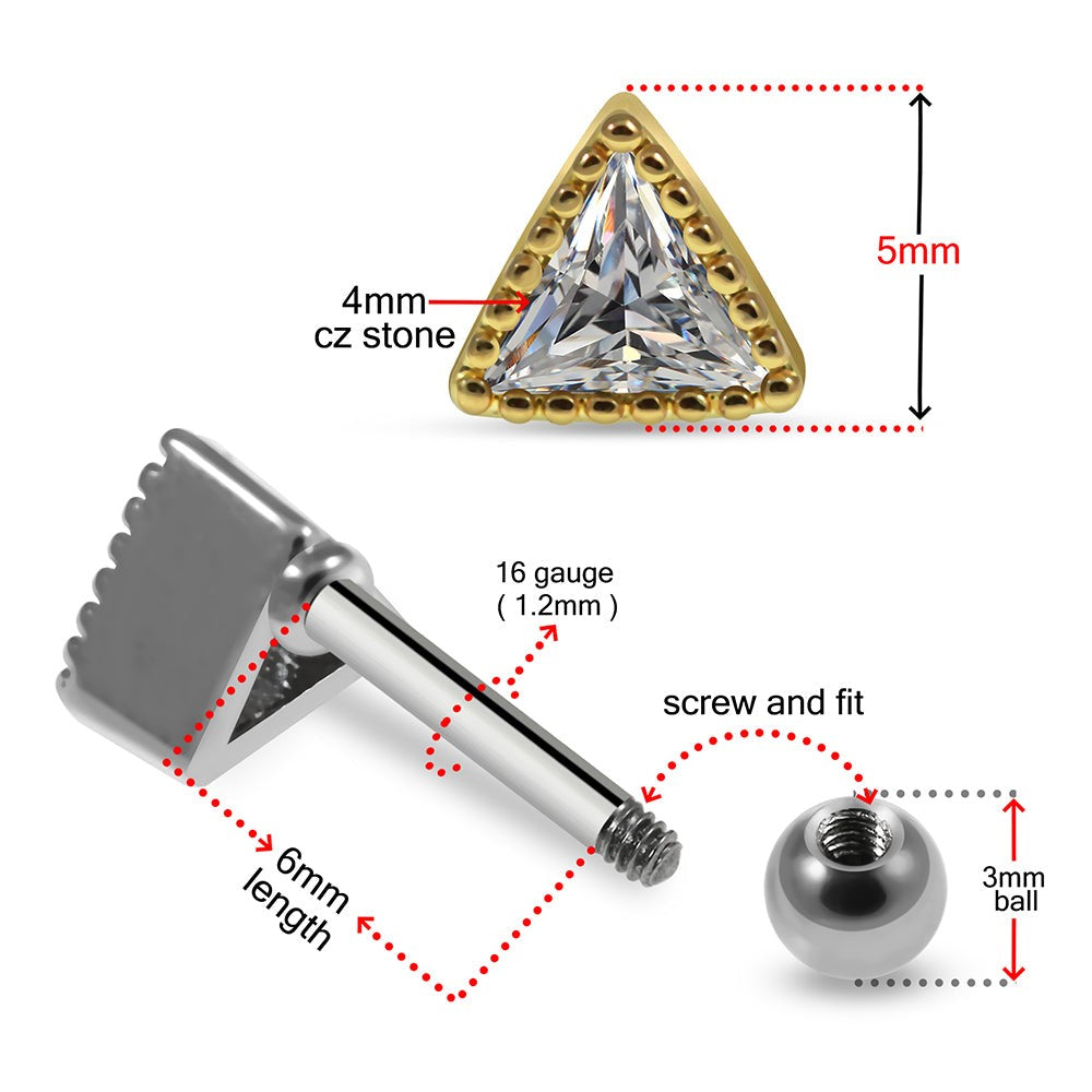 316L Surgical Steel Triangle Cut Cubic Zirconia Jewelled Ear Jewellery