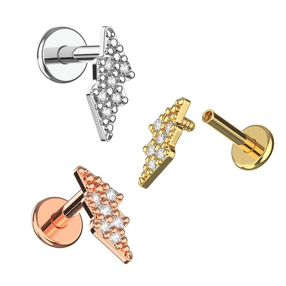 316L Surgical Steel CZ Jewelled Lightning Bolt Internally Threaded Flatback Stud