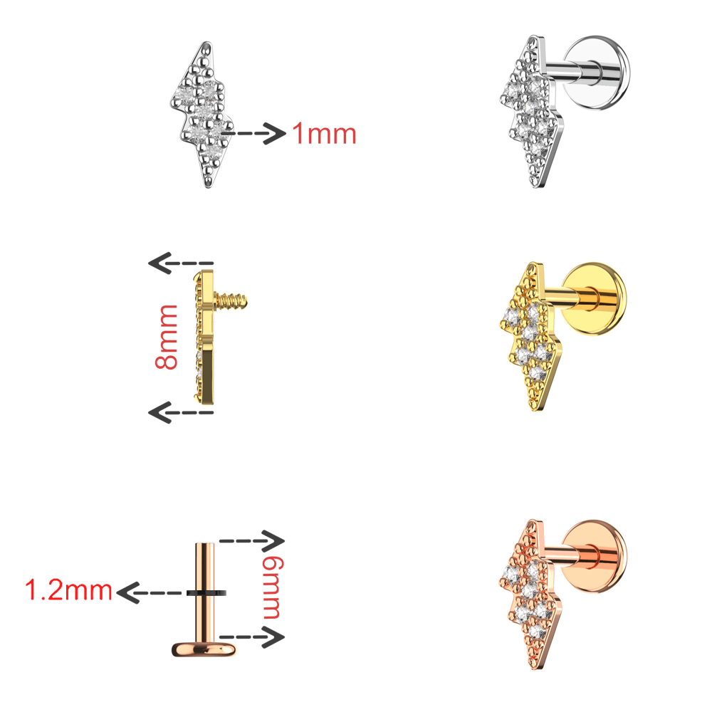 316L Surgical Steel CZ Jewelled Lightning Bolt Internally Threaded Flatback Stud