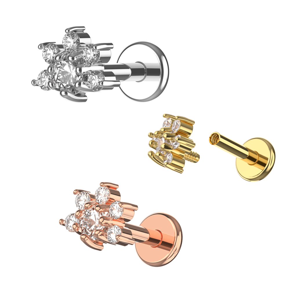 G23 Titanium CZ Jewelled Half Flower Internally Threaded Flatback Stud