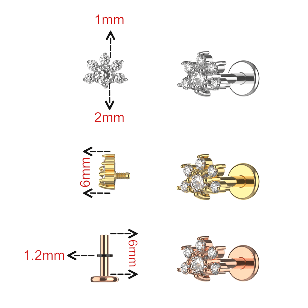 G23 Titanium CZ Jewelled Half Flower Internally Threaded Flatback Stud