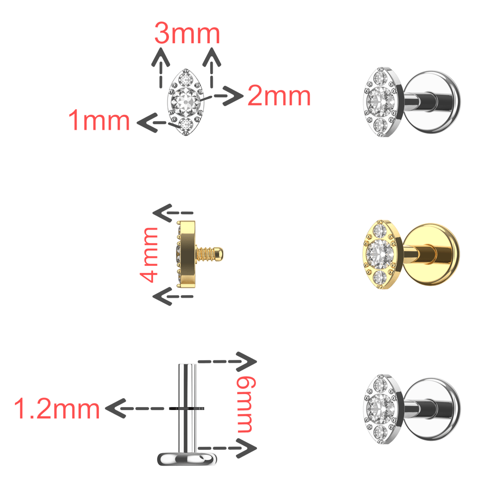 G23 Titanium Vintage CZ Jewelled Marquise Internally Threaded Flatback Stud