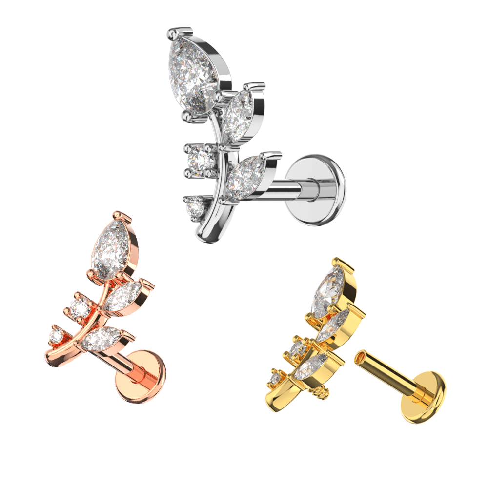 316L Surgical Steel Marquise and Round CZ Jewelled Floral Leaf Flatback Stud