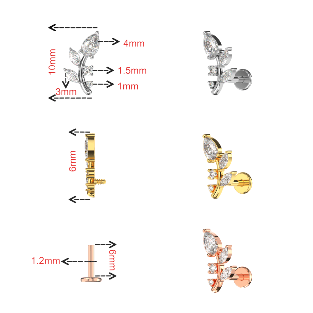 316L Surgical Steel Marquise and Round CZ Jewelled Floral Leaf Flatback Stud