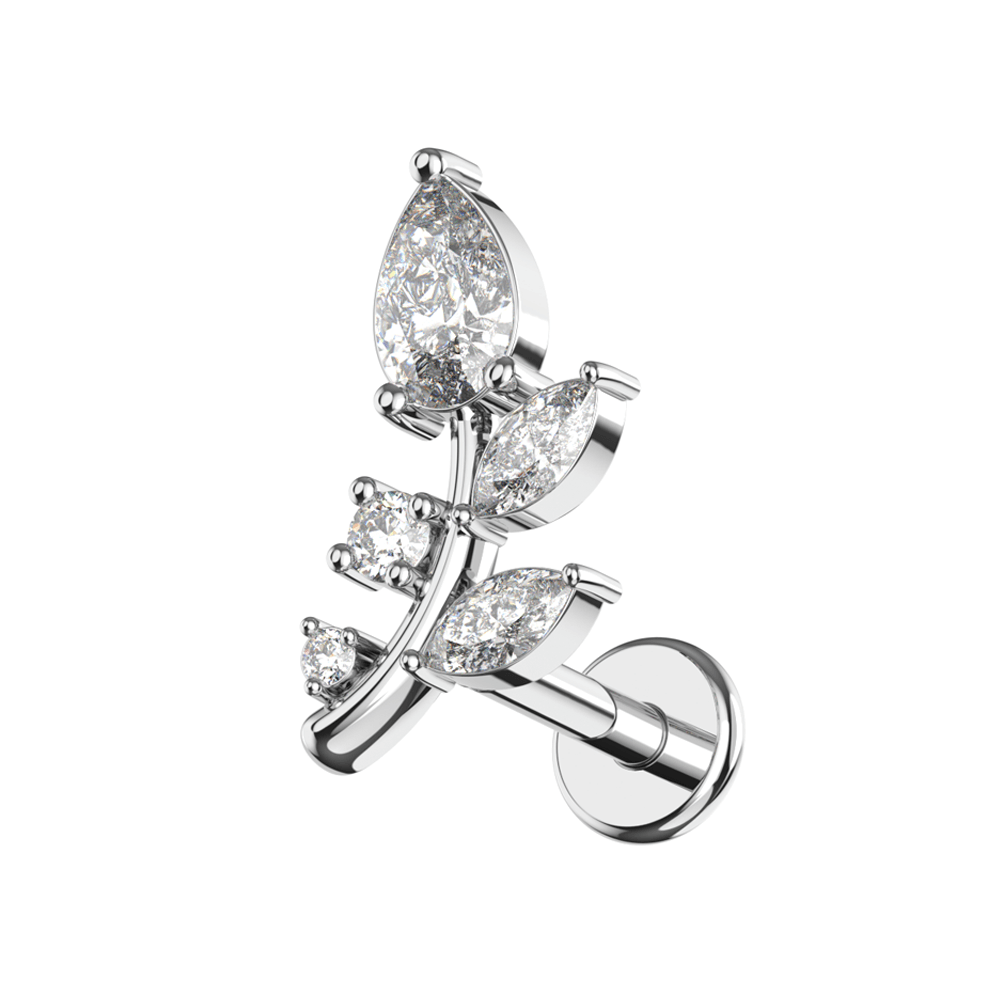 316L Surgical Steel Marquise and Round CZ Jewelled Floral Leaf Flatback Stud