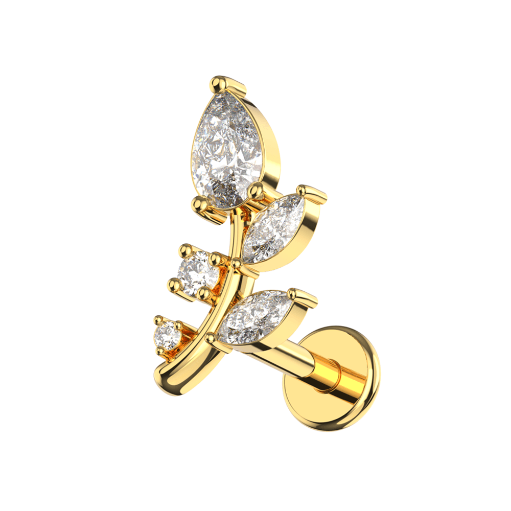 316L Surgical Steel Marquise and Round CZ Jewelled Floral Leaf Flatback Stud