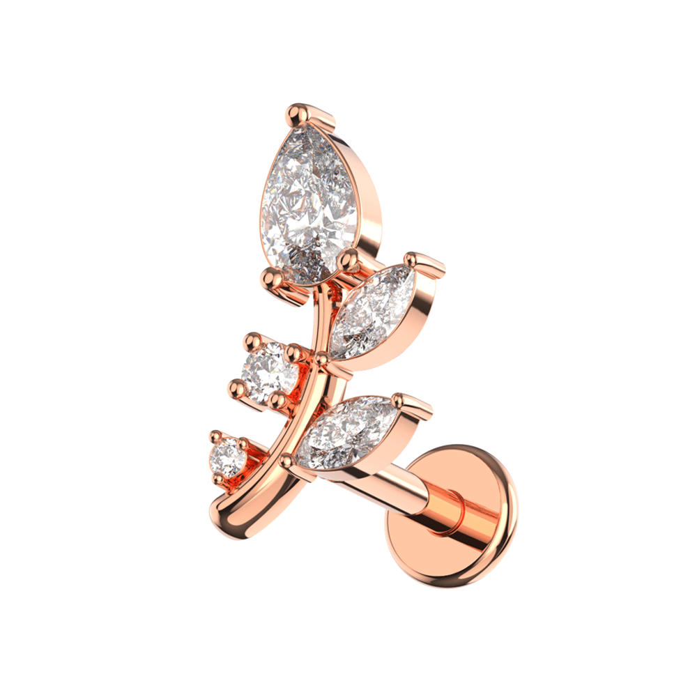 316L Surgical Steel Marquise and Round CZ Jewelled Floral Leaf Flatback Stud