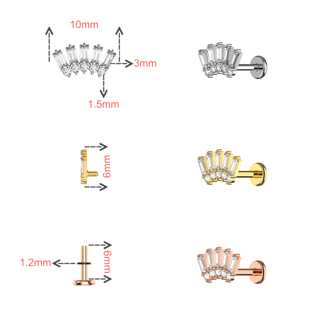 316L Surgical Steel Baguette and Round CZ Jewelled Crown Flatback Stud