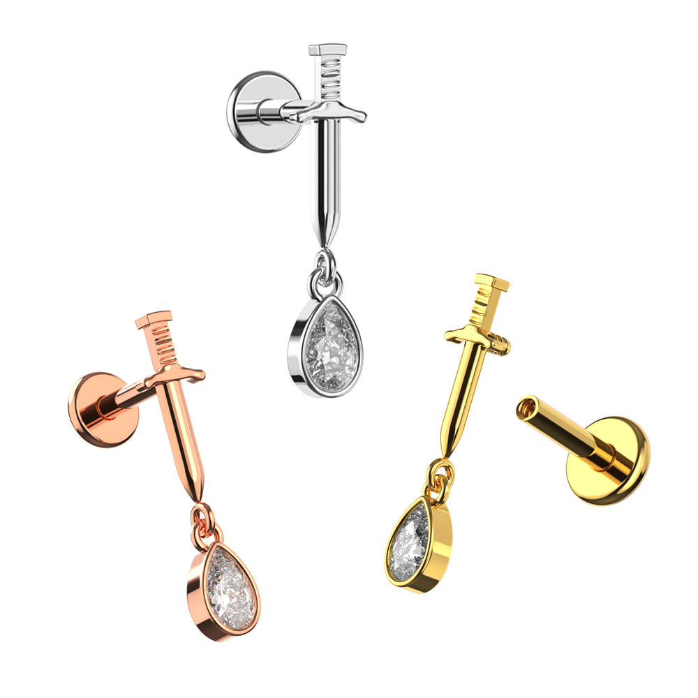 316L Surgical Steel Sword with Dangling CZ Tear Drop Flatback Stud