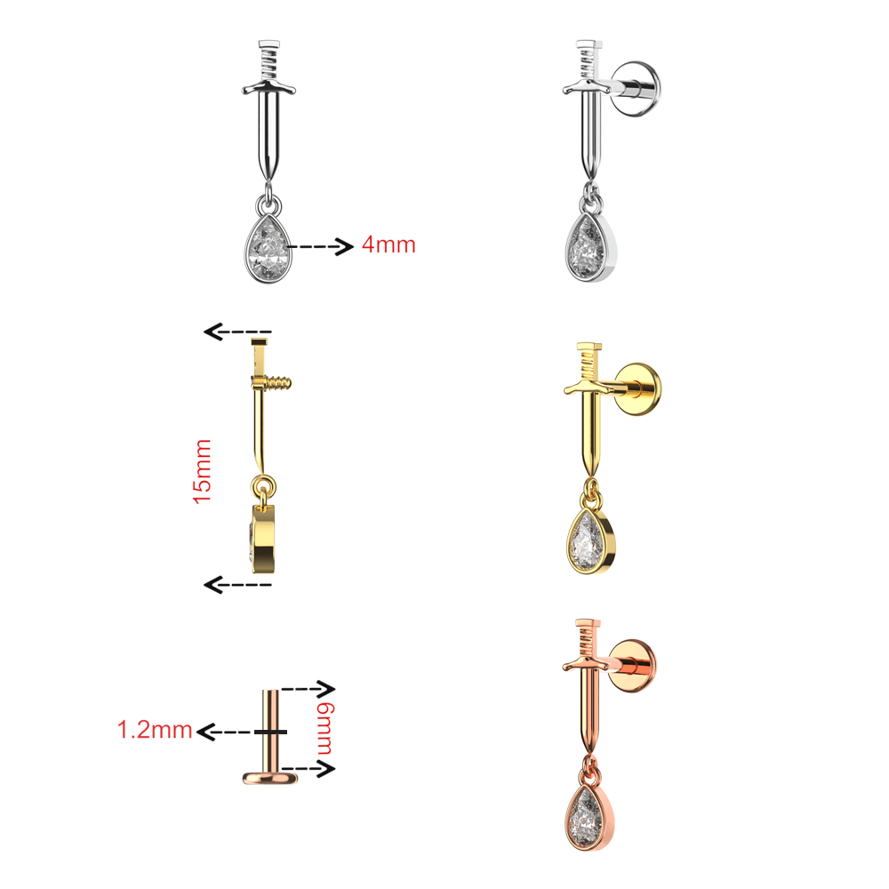 316L Surgical Steel Sword with Dangling CZ Tear Drop Flatback Stud