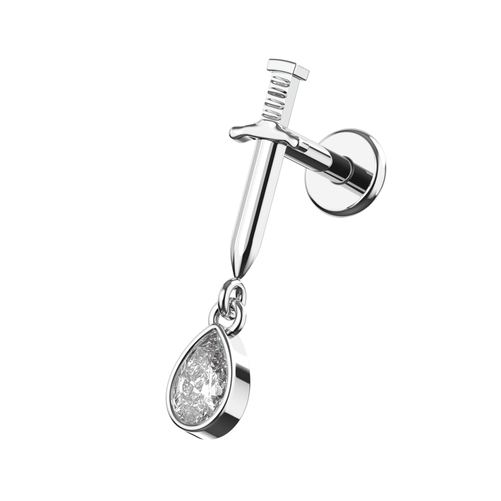 316L Surgical Steel Sword with Dangling CZ Tear Drop Flatback Stud