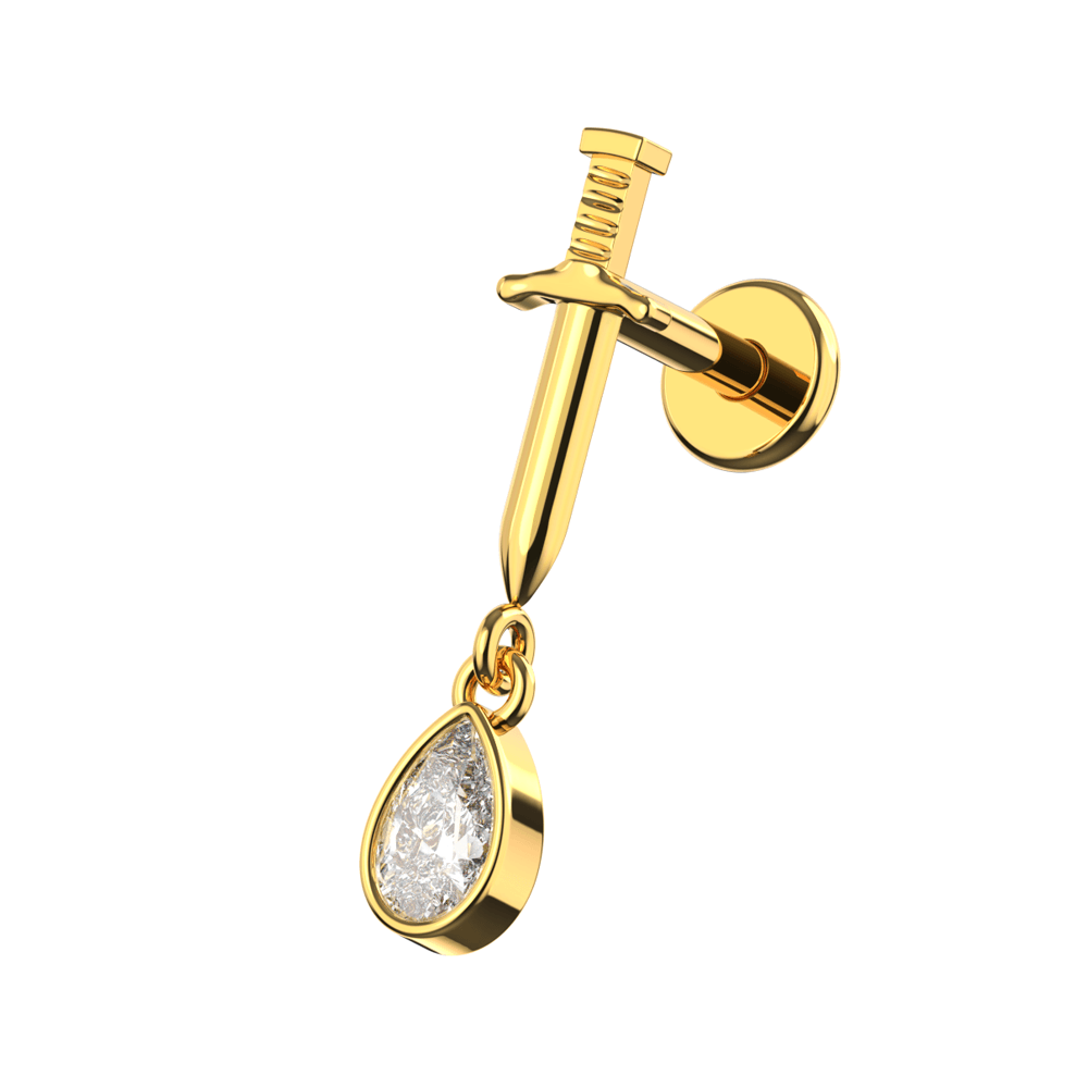 316L Surgical Steel Sword with Dangling CZ Tear Drop Flatback Stud