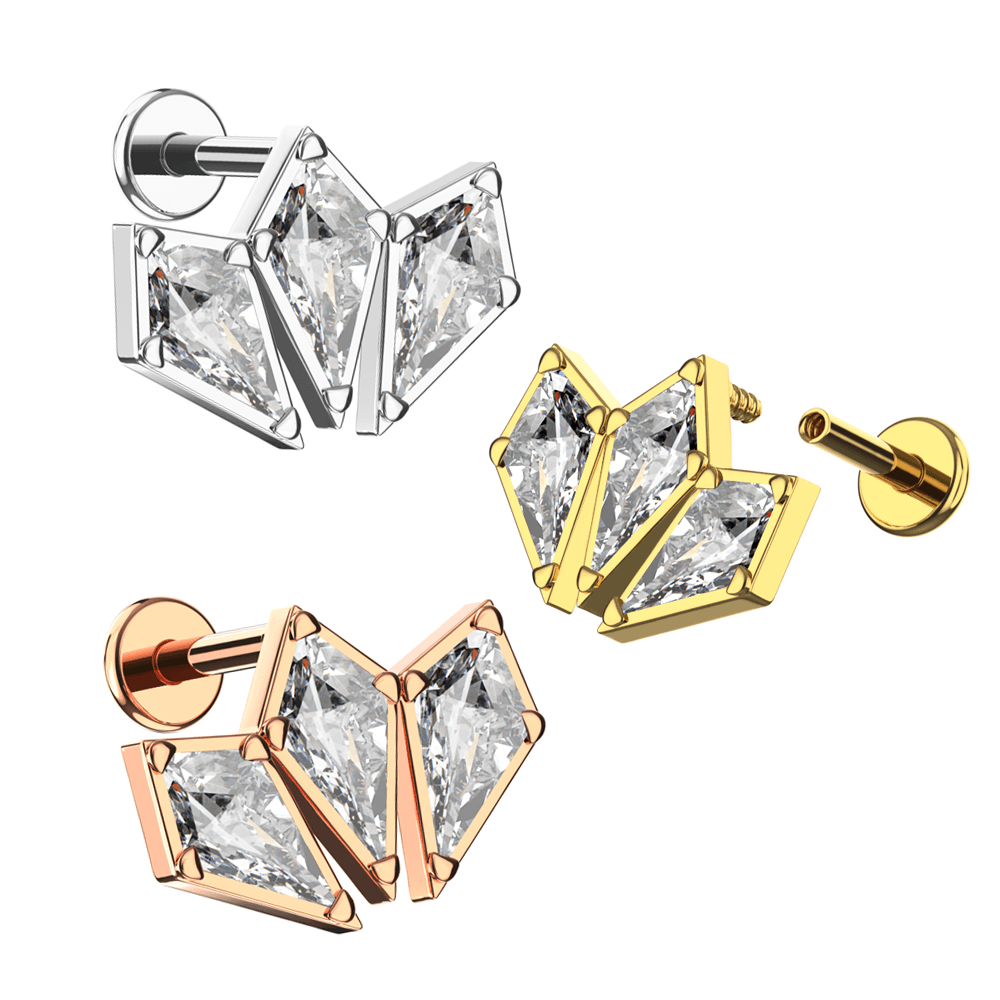 316L Surgical Steel Triple CZ Jewelled Coffin Design Internally Threaded Flatback Stud